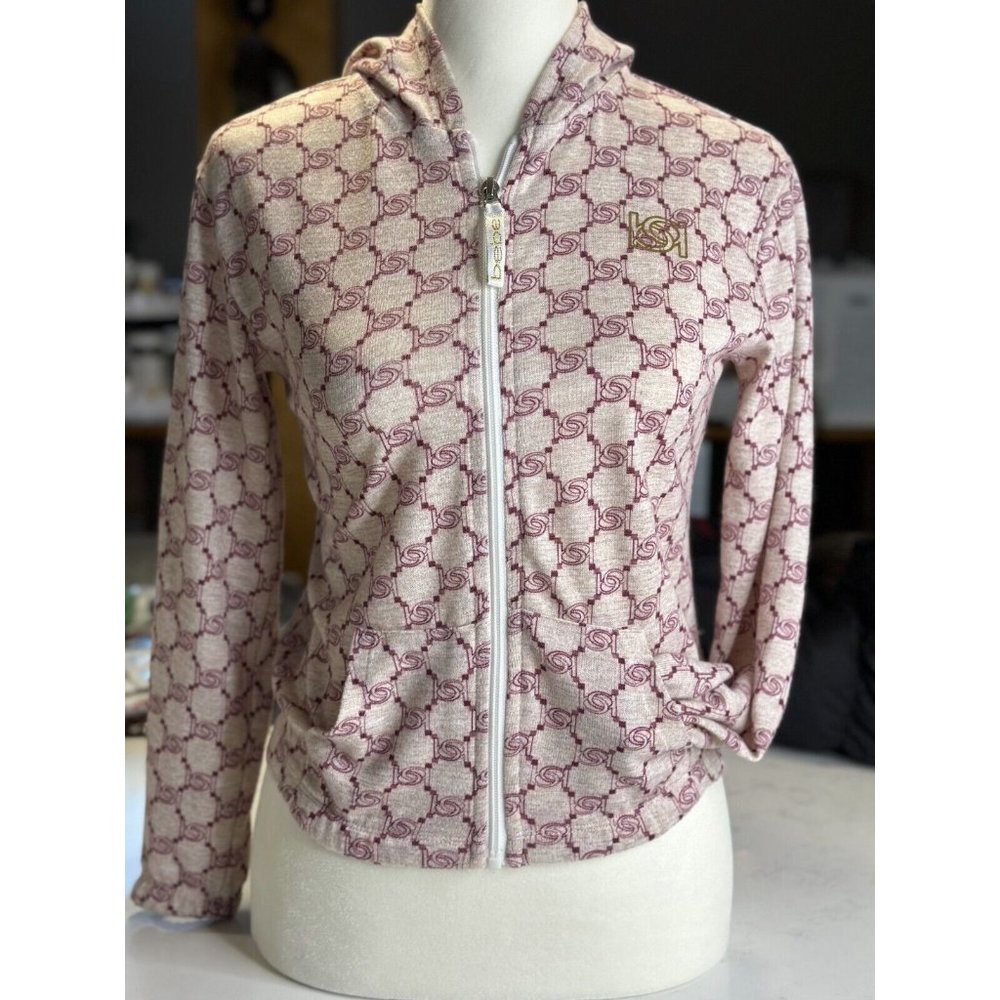Bebe Hoodie Girl Size M Cream Logo Print Polyester Blend Long Sleeve Full Zipper